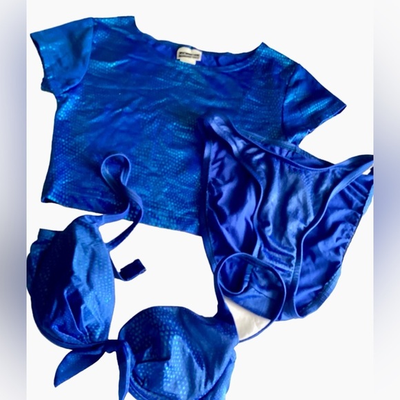 💙 3 Piece Swim Set Blue Bikini Crop Top Mermaid - Picture 4 of 11